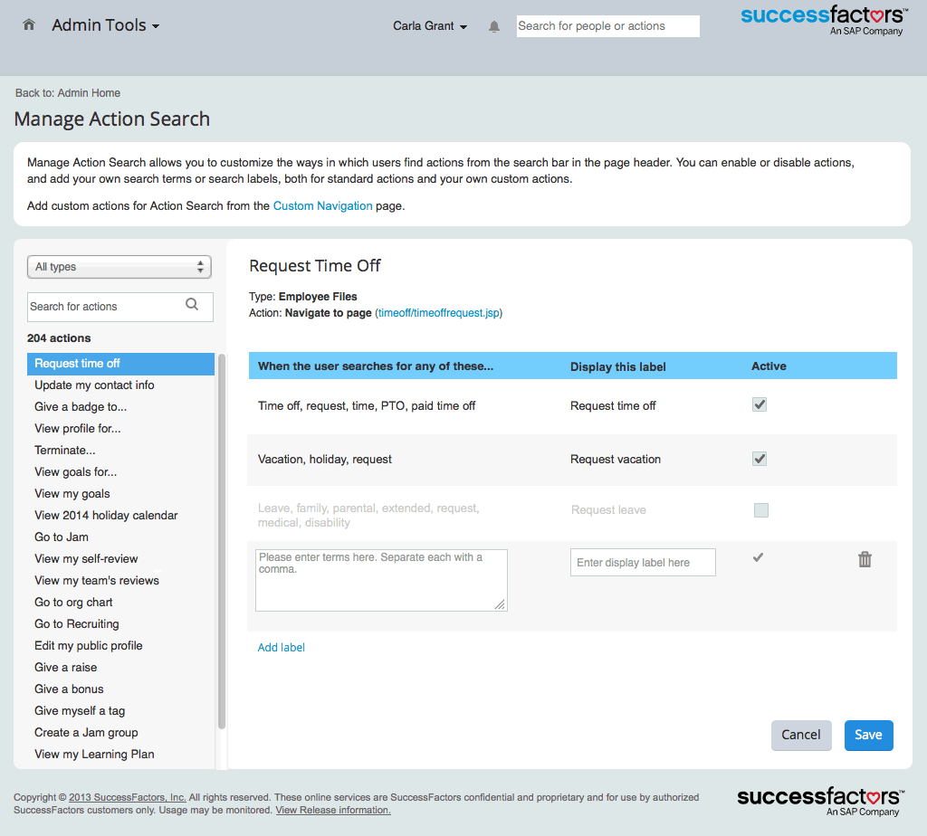 Action Search admin interface